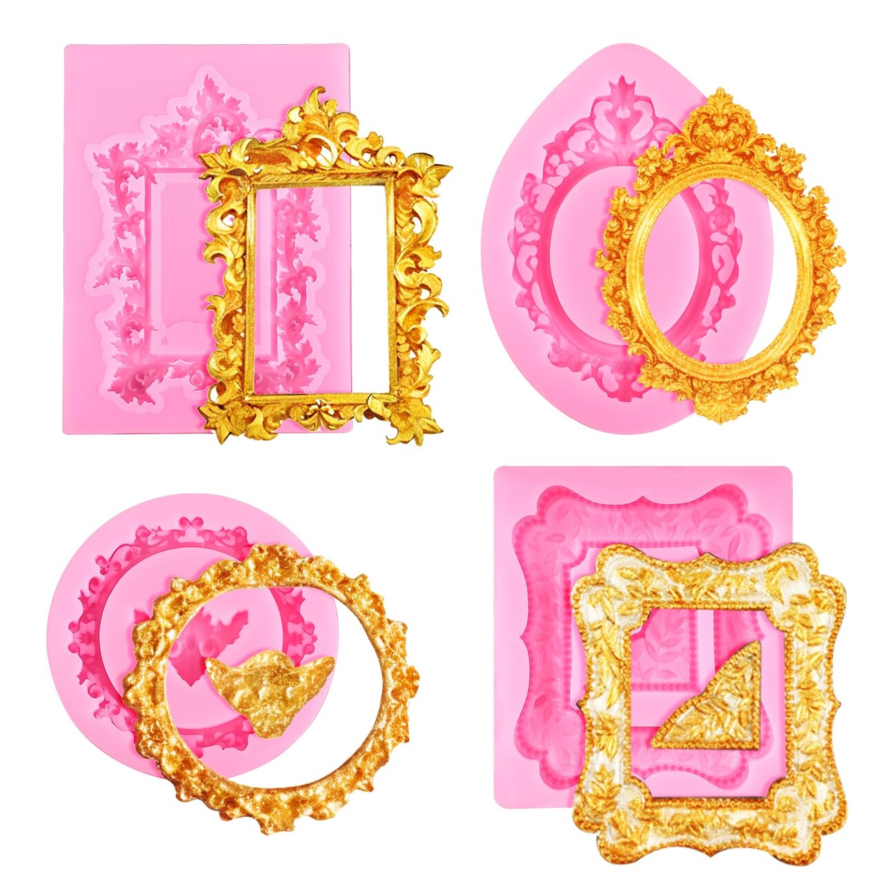 4 Pcs Photo Frame Silicone Molds, Baroque Style Air Dry Clay Molds, Mini Frame Molds Silicone for Cupcake Topper Cake Decoration Chocolate Candy Polymer Clay